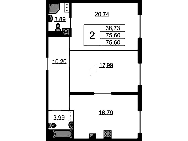 2-комнатная квартира 75.6 м², 7/9 эт., ЖК «Бакунина 33»